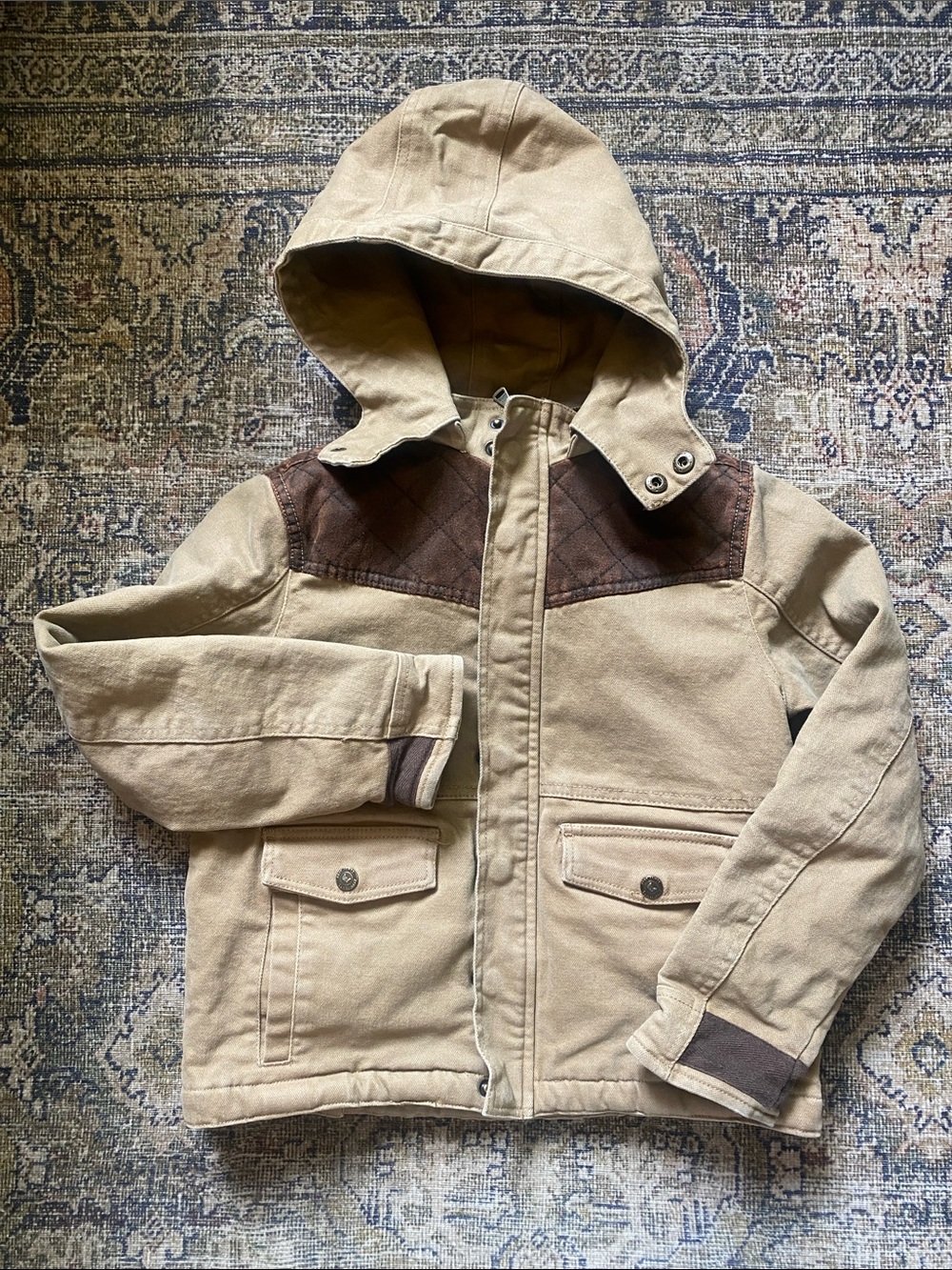 Kids CODY JAMES Hooded Canvas Jacket with Brown Yoke & flannel lining.